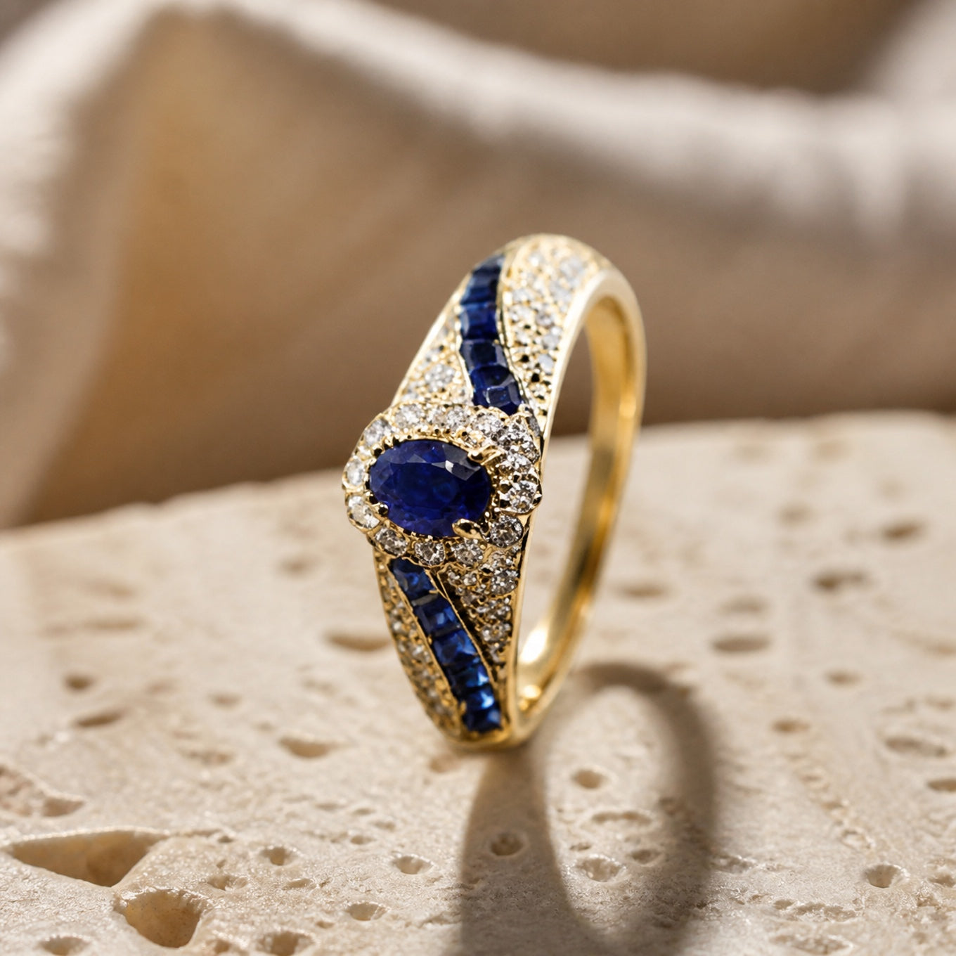 Oval Sapphire Cocktail Ring with Split Pavé Band in Gold Tone