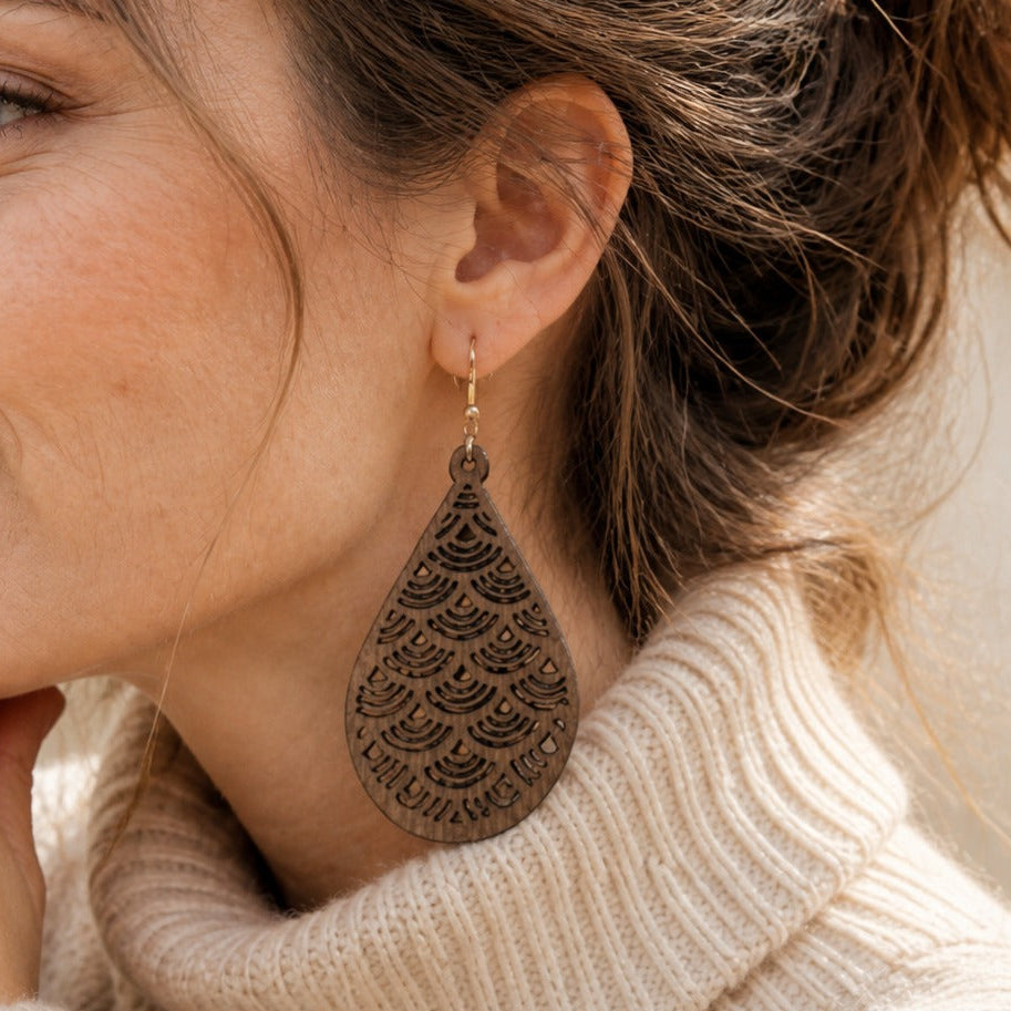 Teardrop Wood Drop Earrings with Geometric Cutout Pattern and Gold-Tone Ear Wire