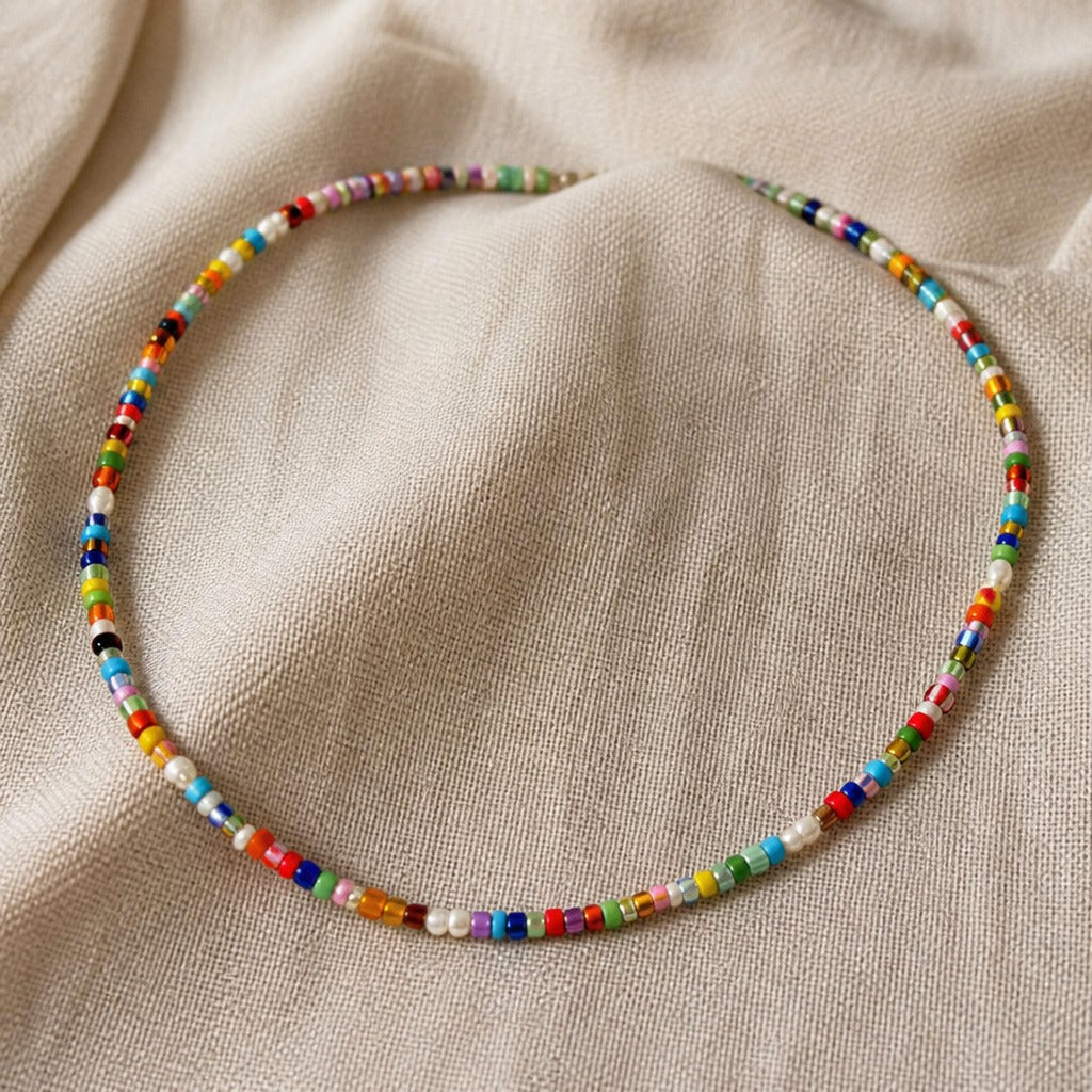 Multicolor Glass Seed Bead Necklace with Metal Spacer Accents — view 2