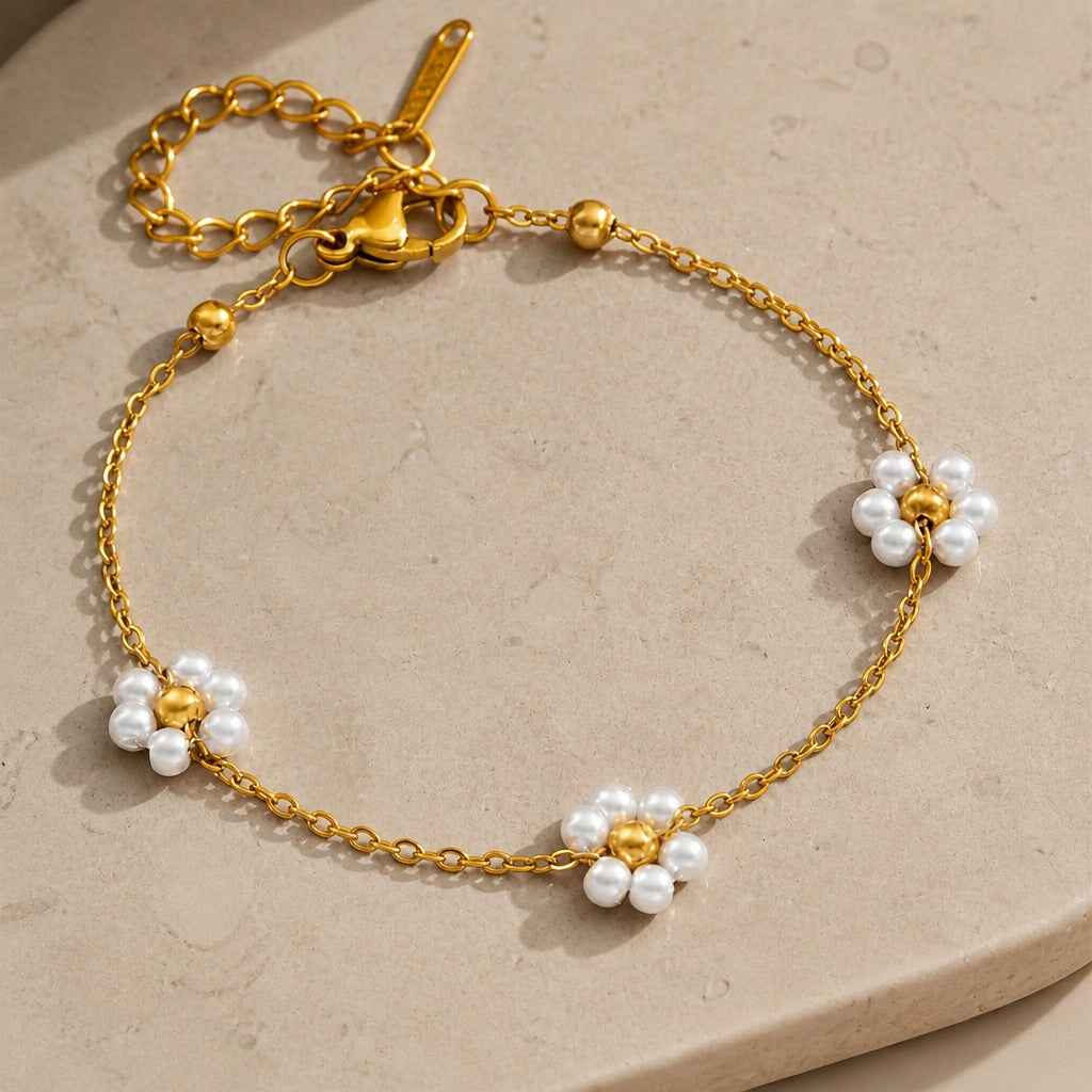 Pearl Flower Cluster Bracelet with Adjustable Gold-Tone Chain — view 2