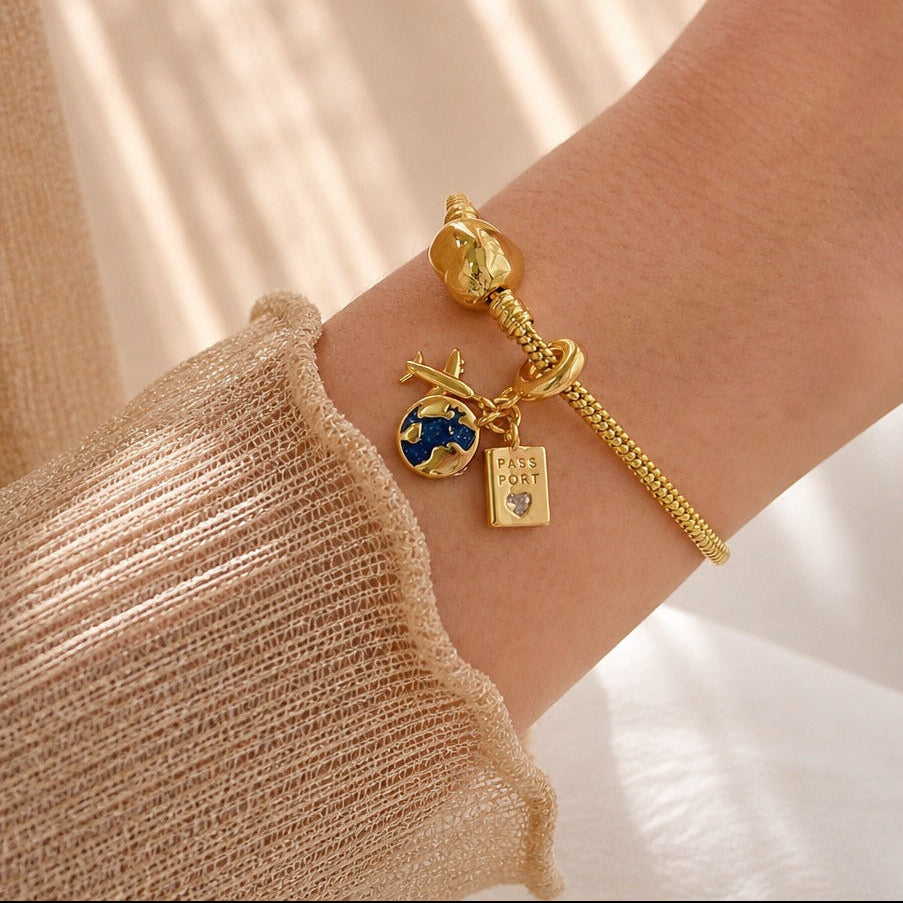 Gold-Tone Travel Charm Bracelet with Heart Clasp & Enamel Charms — view 3