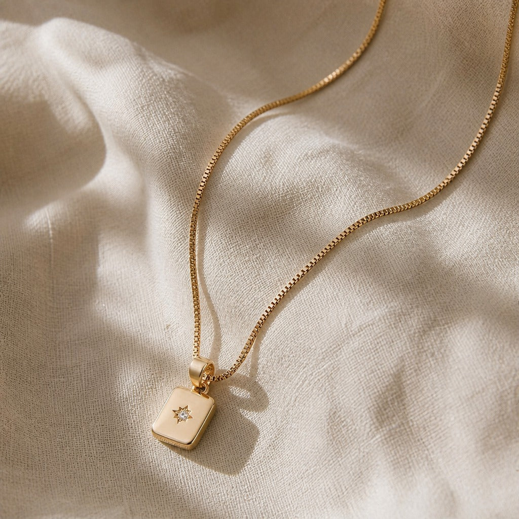 Rectangular Cubic Zirconia Pavé Pendant Necklace with Gold Box Chain — view 2