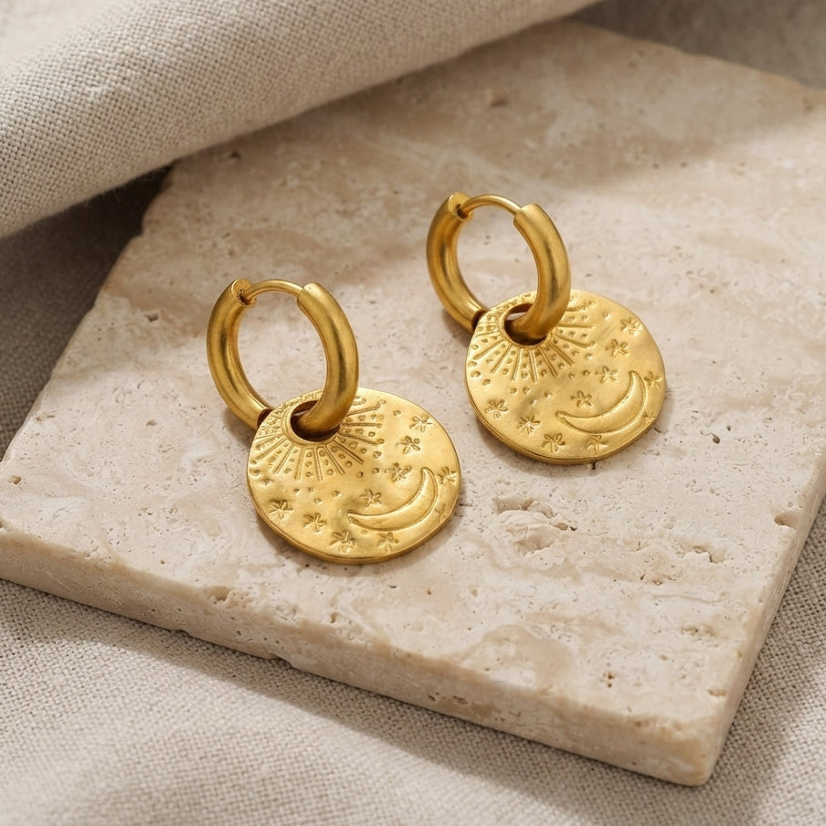 Celestial Sun, Moon & Star Charm Hoop Earrings – Gold-Plated Stainless Steel — main image