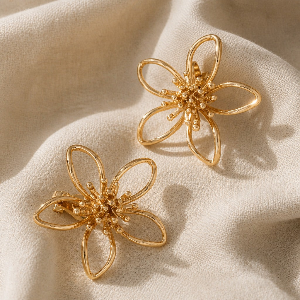 Flower Stud Earrings with Beaded Center, 14K Gold Plating over Zinc Alloy — view 2