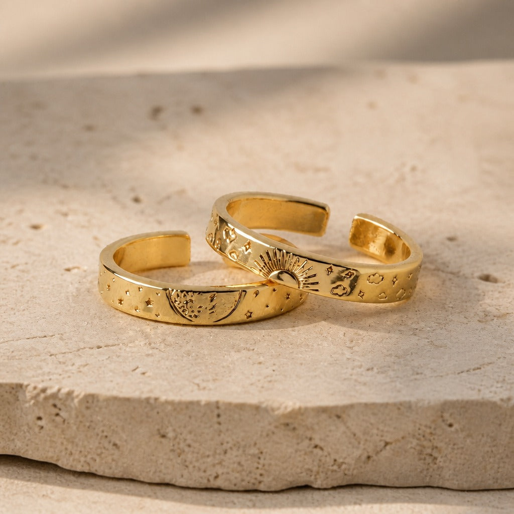 Celestial Sun & Moon Engraved Gold Adjustable Cuff Ring — main image