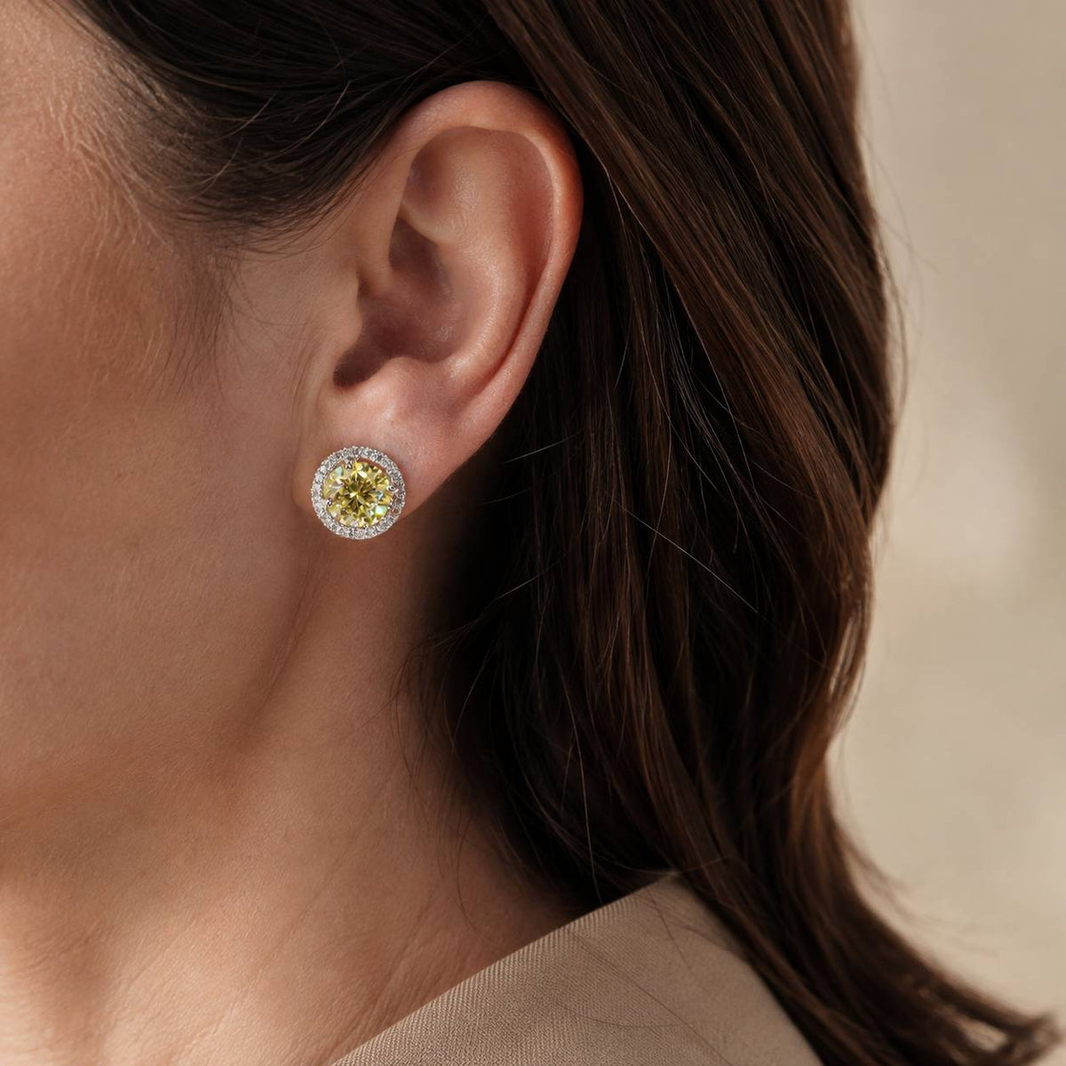 Yellow Halo Stud Earrings with Cubic Zirconia Stones — main image