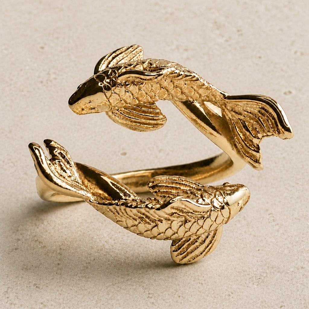 Dual Koi Fish Wrap Ring in Gold Tone — view 2