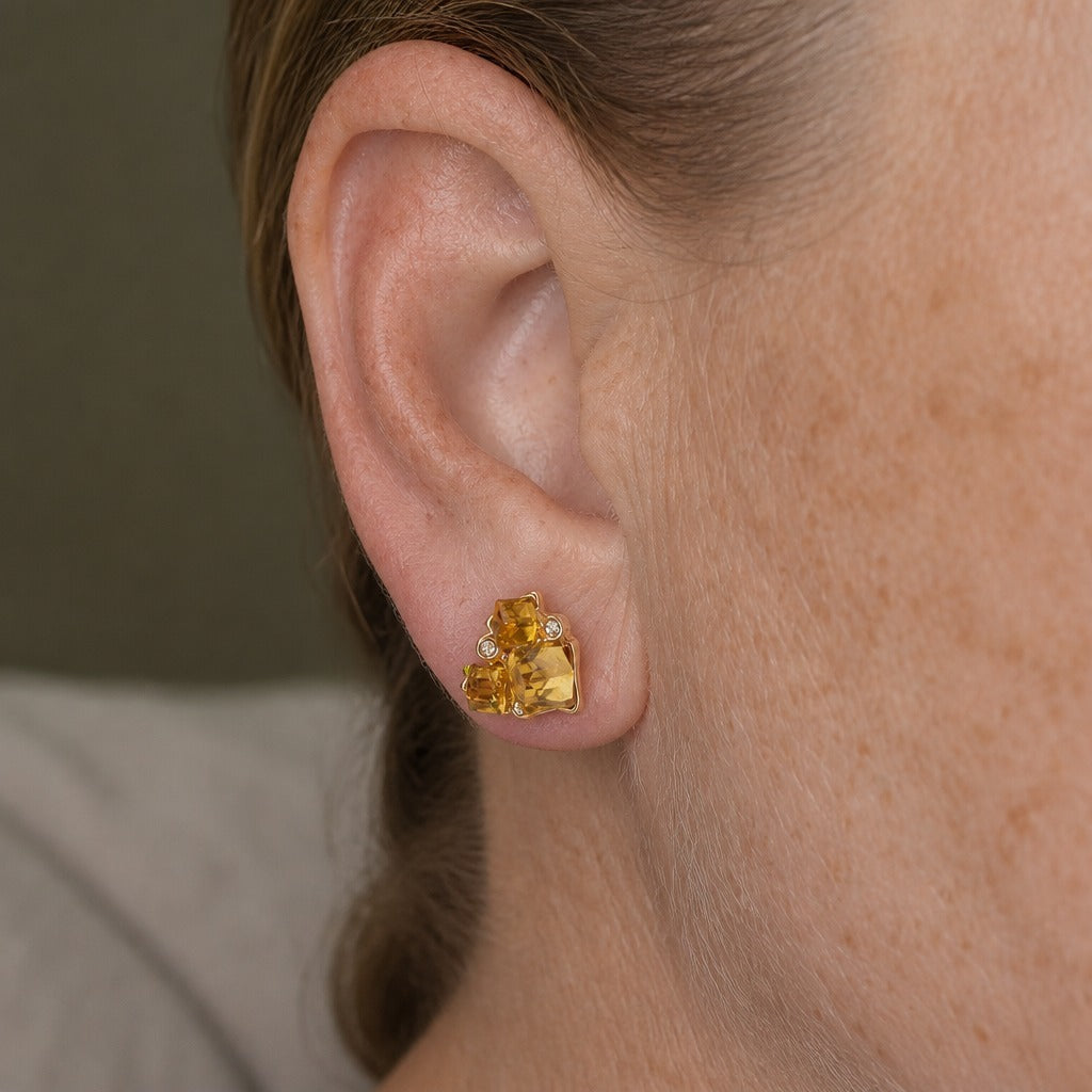 Geometric Amber Cluster Stud Earrings with Accent Stones — main image