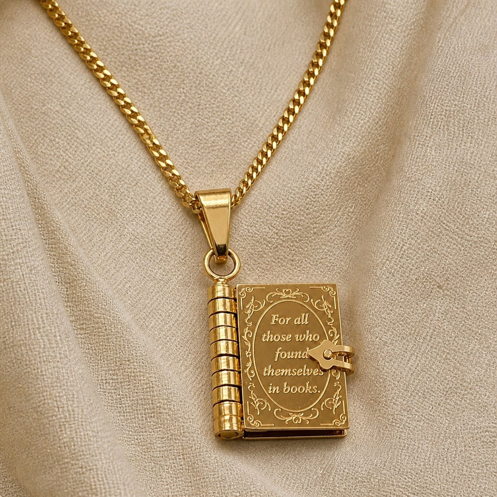 Book-Shaped Keepsake Locket Necklace with Engraved Literary Quote — main image