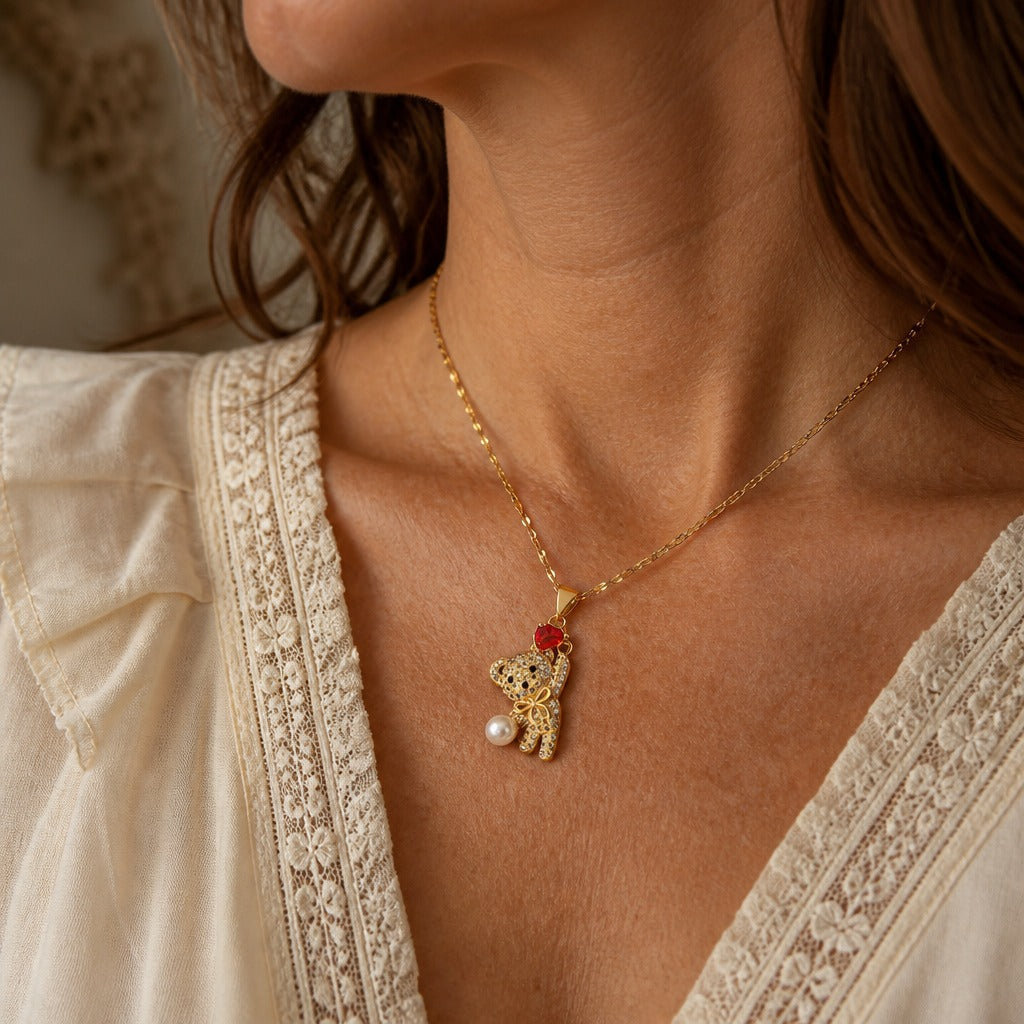 Bear & Heart Pendant Necklace with Red Stone and Pearl Accent — main image