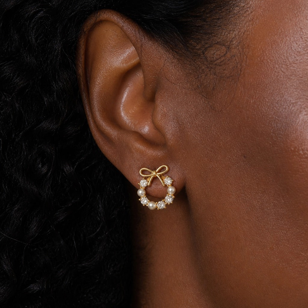 Pearl & Crystal Wreath Drop Earrings with Bow Knot Detail — view 2