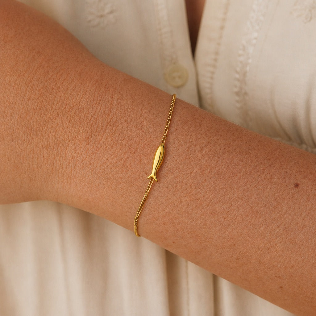 Fish Charm Link Bracelet, 18K Gold-Plated Stainless Steel Chain — main image