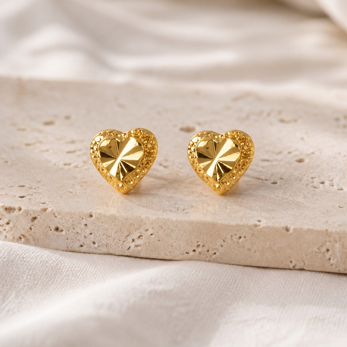 Heart Stud Earrings with Diamond-Cut Center and Textured Border — main image