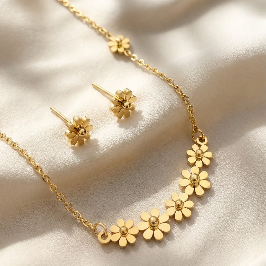 Bohemian Daisy Pendant Necklace & Stud Earring Set in Gold Tone — main image