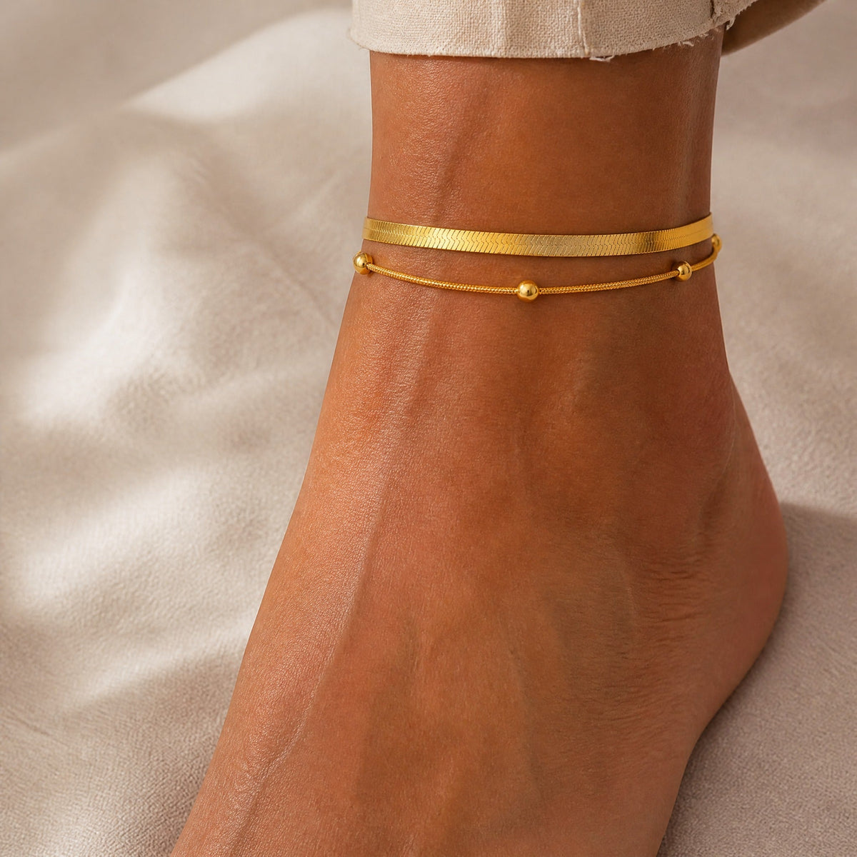 Three-Strand Layered Snake Chain Anklet with Gold Ball Bead Accents — main image