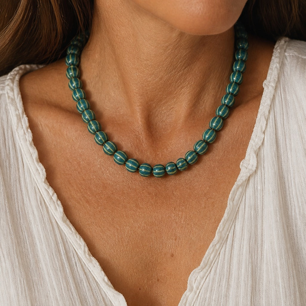 Teal Glass Bead Necklace with Gold Stripe Detail, Y2K Style Strand Necklace for Women — main image