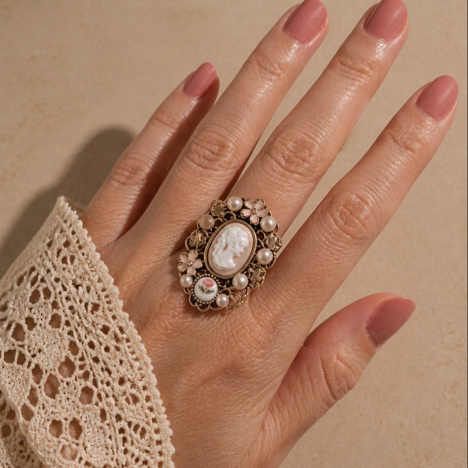 Vintage Cameo Portrait Statement Ring with Pearl and Enamel Flower Accents — main image