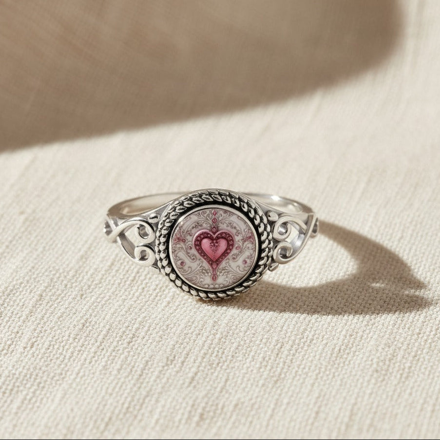 Heart & Floral Medallion Silver Ring with Twisted Rope Bezel — main image