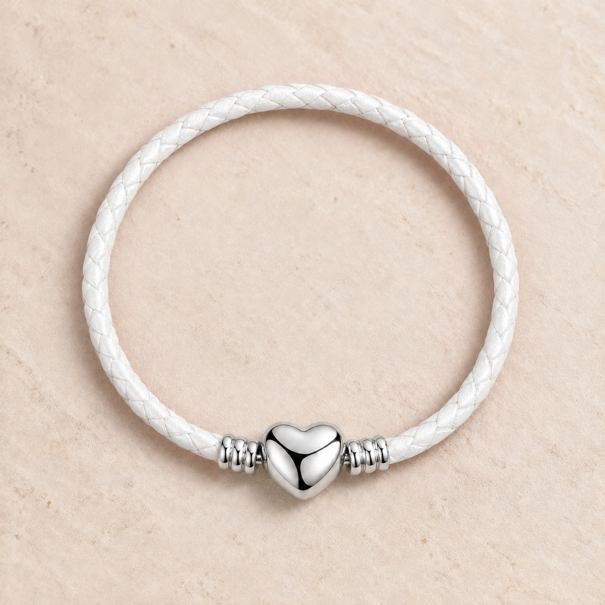Heart Charm Braided Leather Bracelet with Silver-Tone Beads — main image