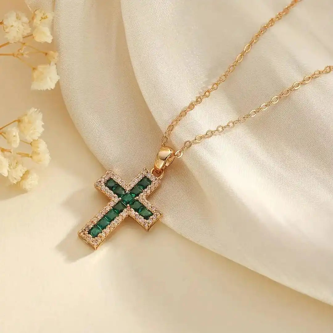 Emerald Cross Pendant Necklace with Pavé Border