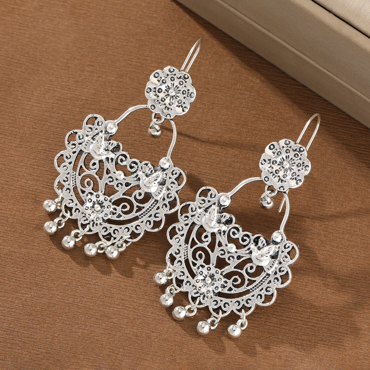 Bird & Floral Filigree Tassel Drop Earrings, Silver-Tone Finish