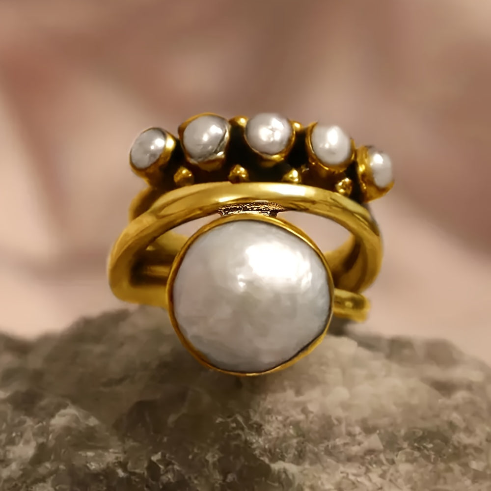 Pearl Crown Statement Ring with Gold-Tone Band, Sizes 5-11