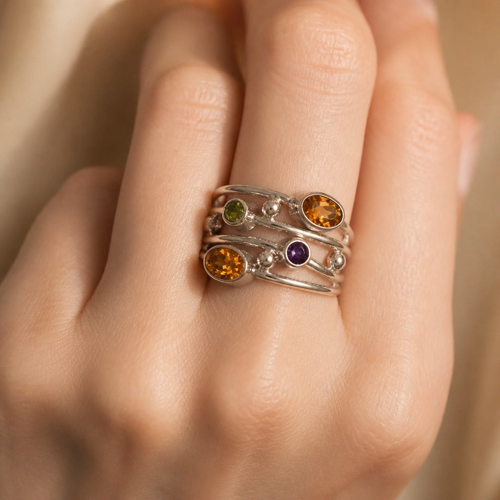 Multi-Gemstone Wire-Wrap Ring with Stacked Silver-Tone Band — view 2