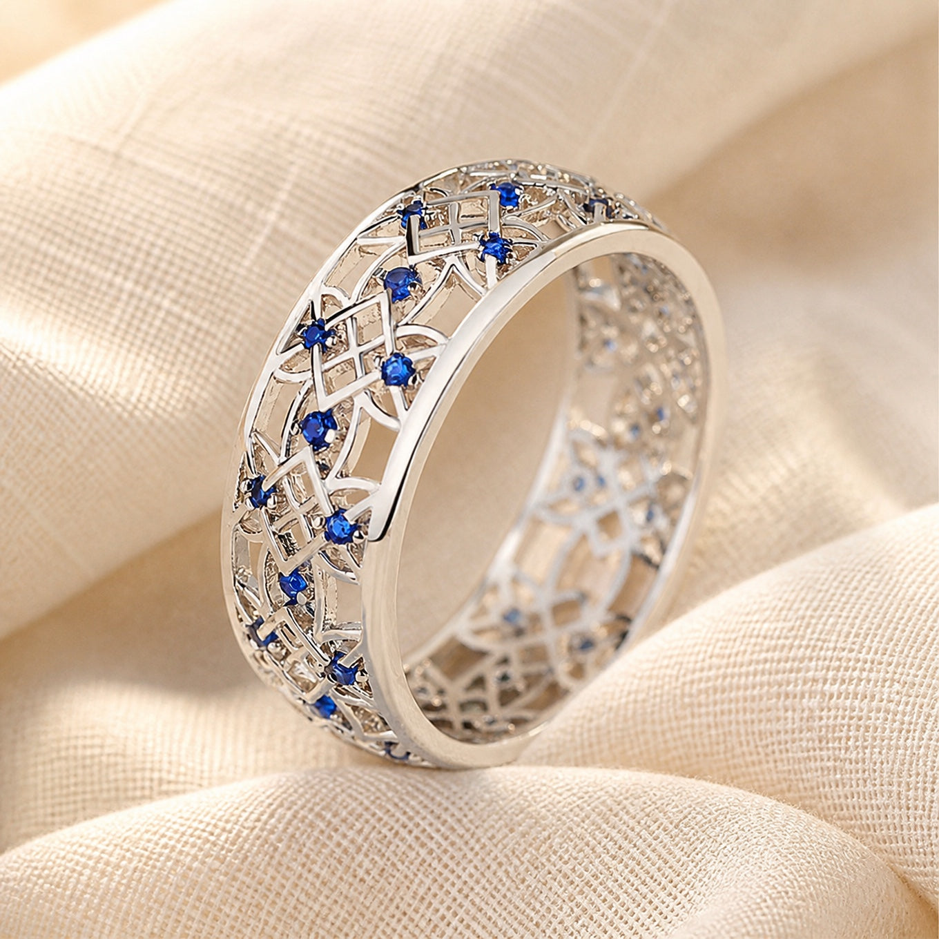 Sapphire Filigree Lattice Ring with Silver-Tone Band