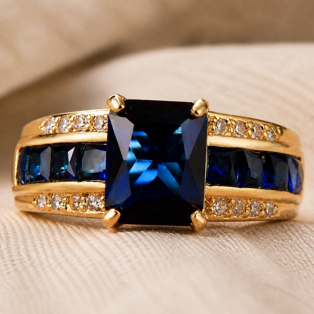 Sapphire Petal Cocktail Ring with Gold-Tone Band and Baguette Accents — view 2
