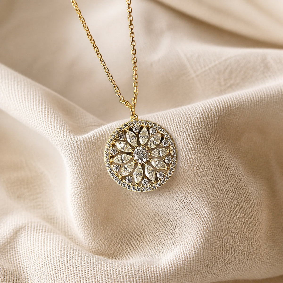 Sunflower Cubic Zirconia Pendant Necklace with Marquise Stone Setting, Gold or Silver Tone — main image