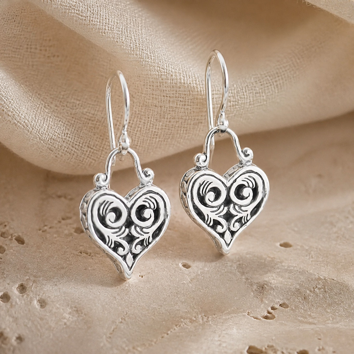 Heart Filigree Dangle Earrings in Silver Tone with Scrollwork Detail