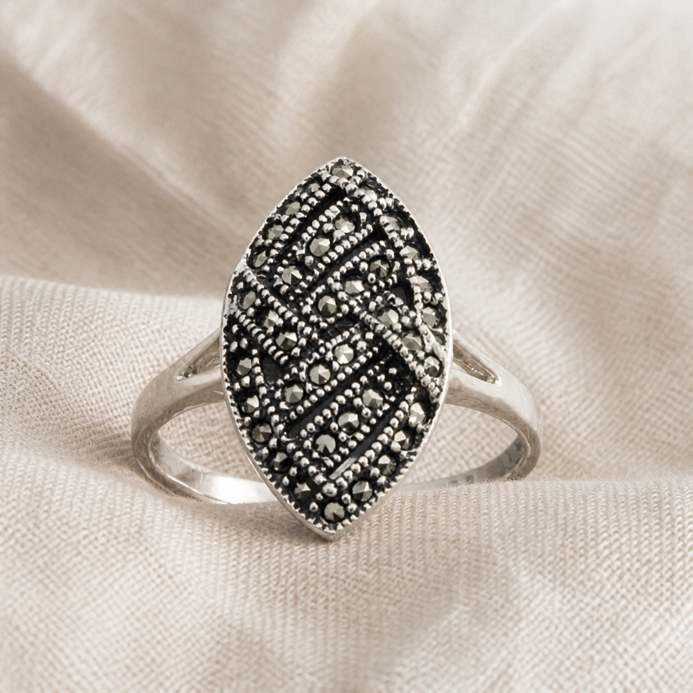 Oval Marcasite Statement Ring with Geometric Split Shank Band