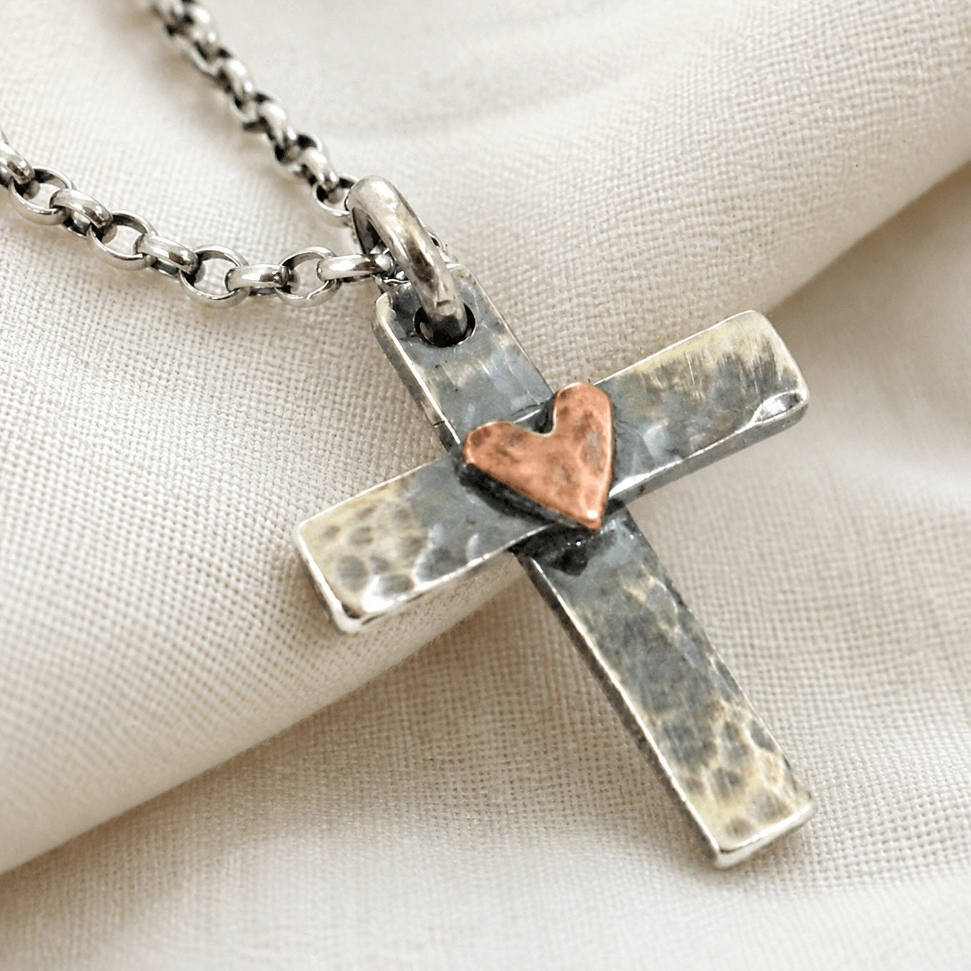 Bohemian Cross Necklace with Textured Pendant and Copper Heart Accent