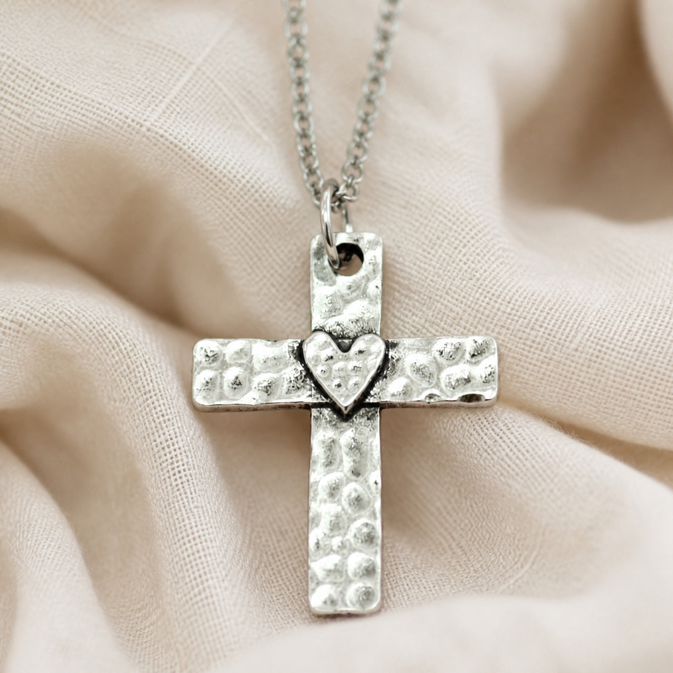 Bohemian Cross Necklace with Textured Pendant and Copper Heart Accent