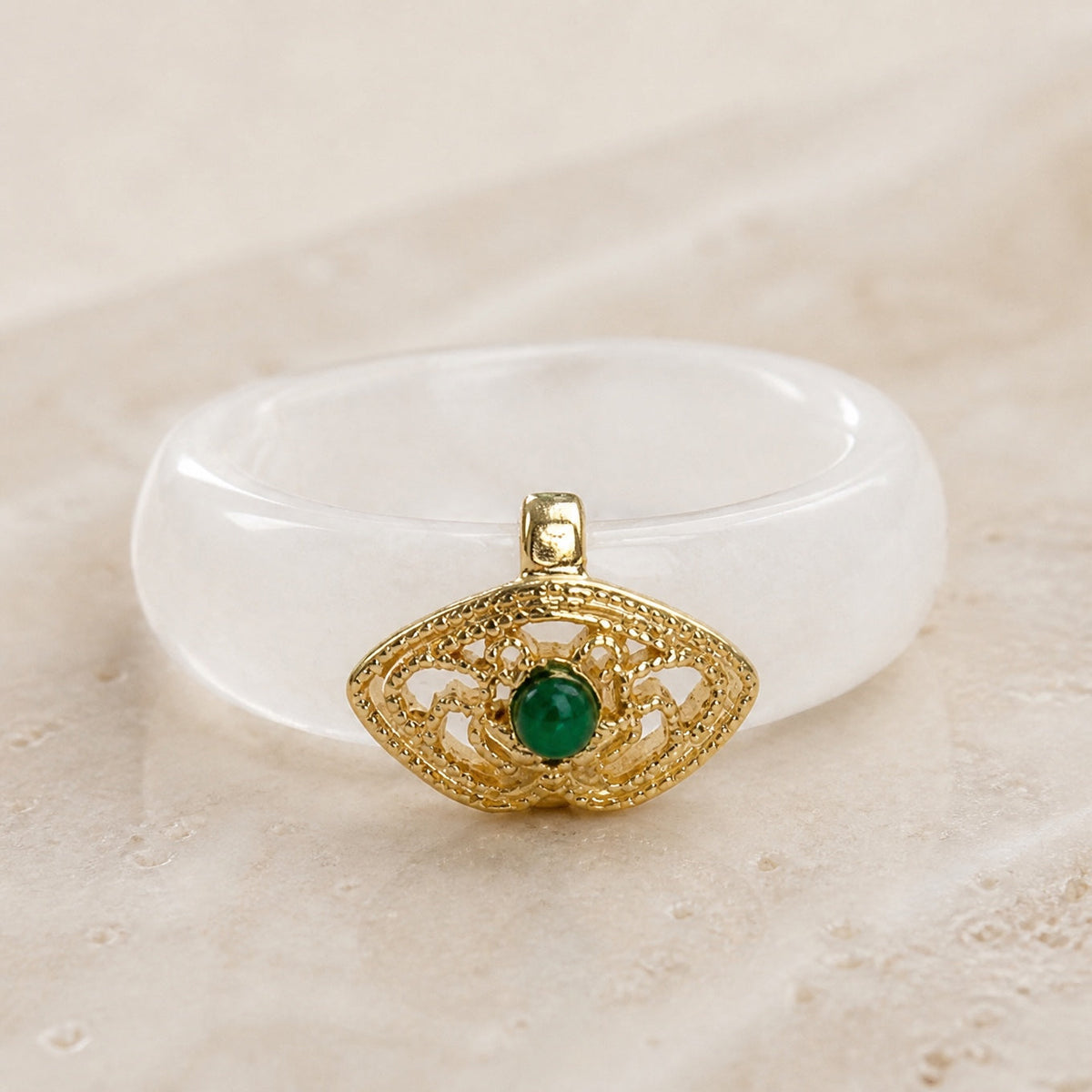 Round Jade Ring with Gold-Tone Filigree Flower Detail — view 2