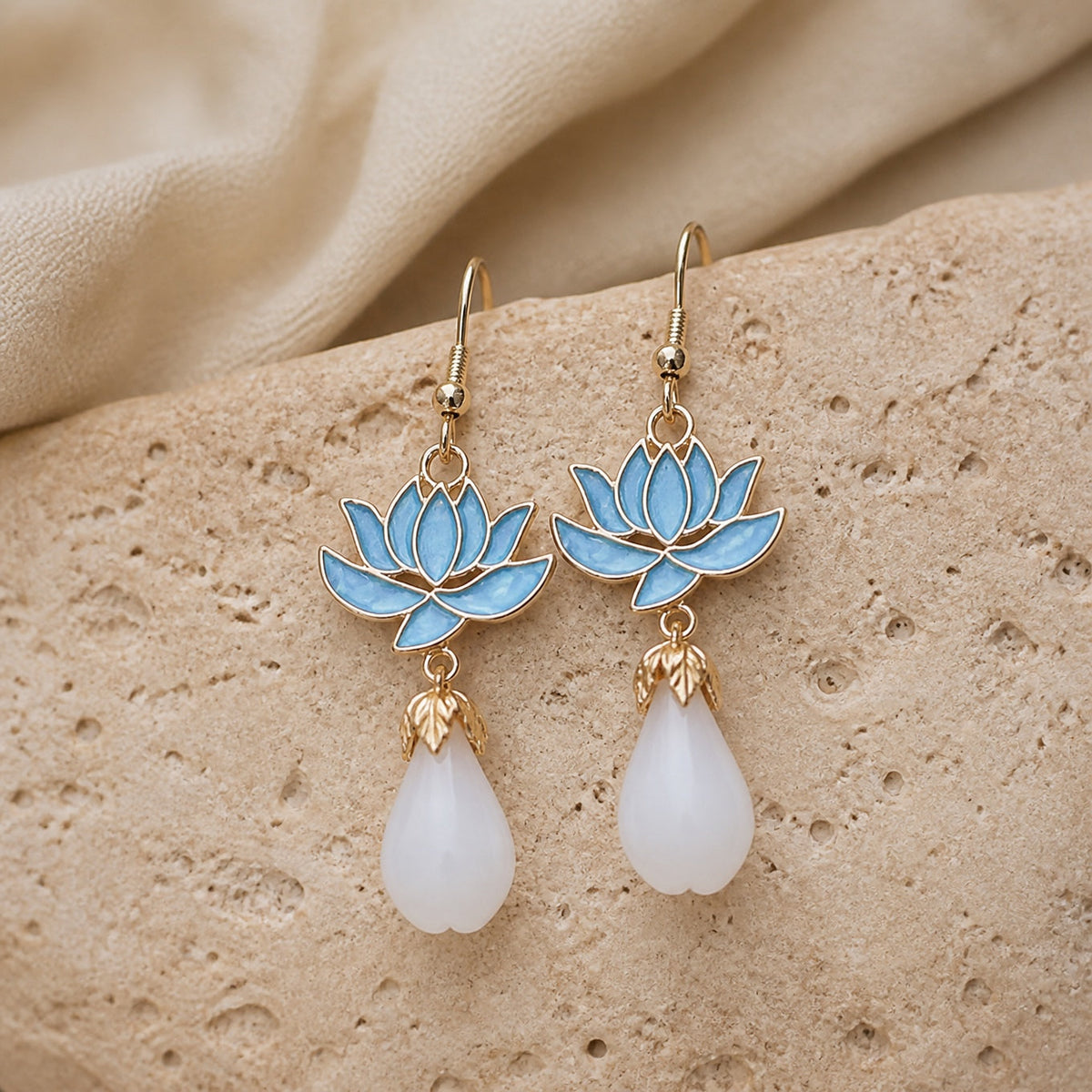 Blue Lotus Flower Drop Earrings with Jade-Tone Teardrop Stone — main image