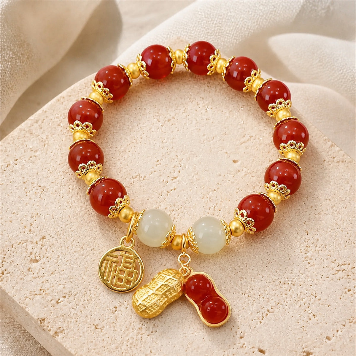 Jade-Tone and Red Agate-Tone Beaded Bracelet with Gold Charms — view 2