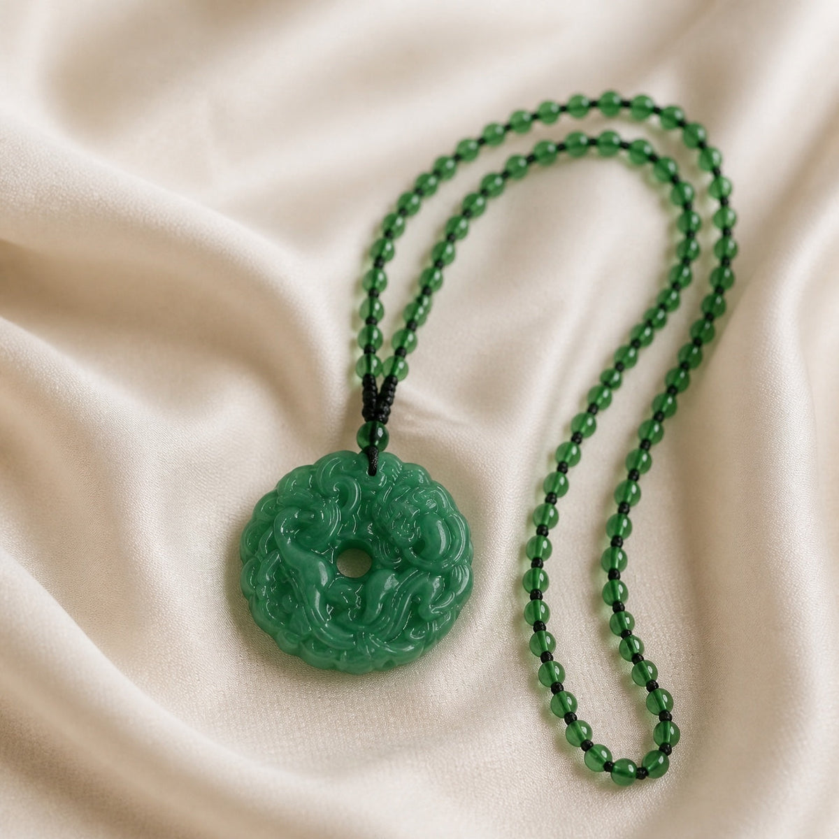 Carved Jade Donut Pendant Necklace with Black Beaded Cord — main image