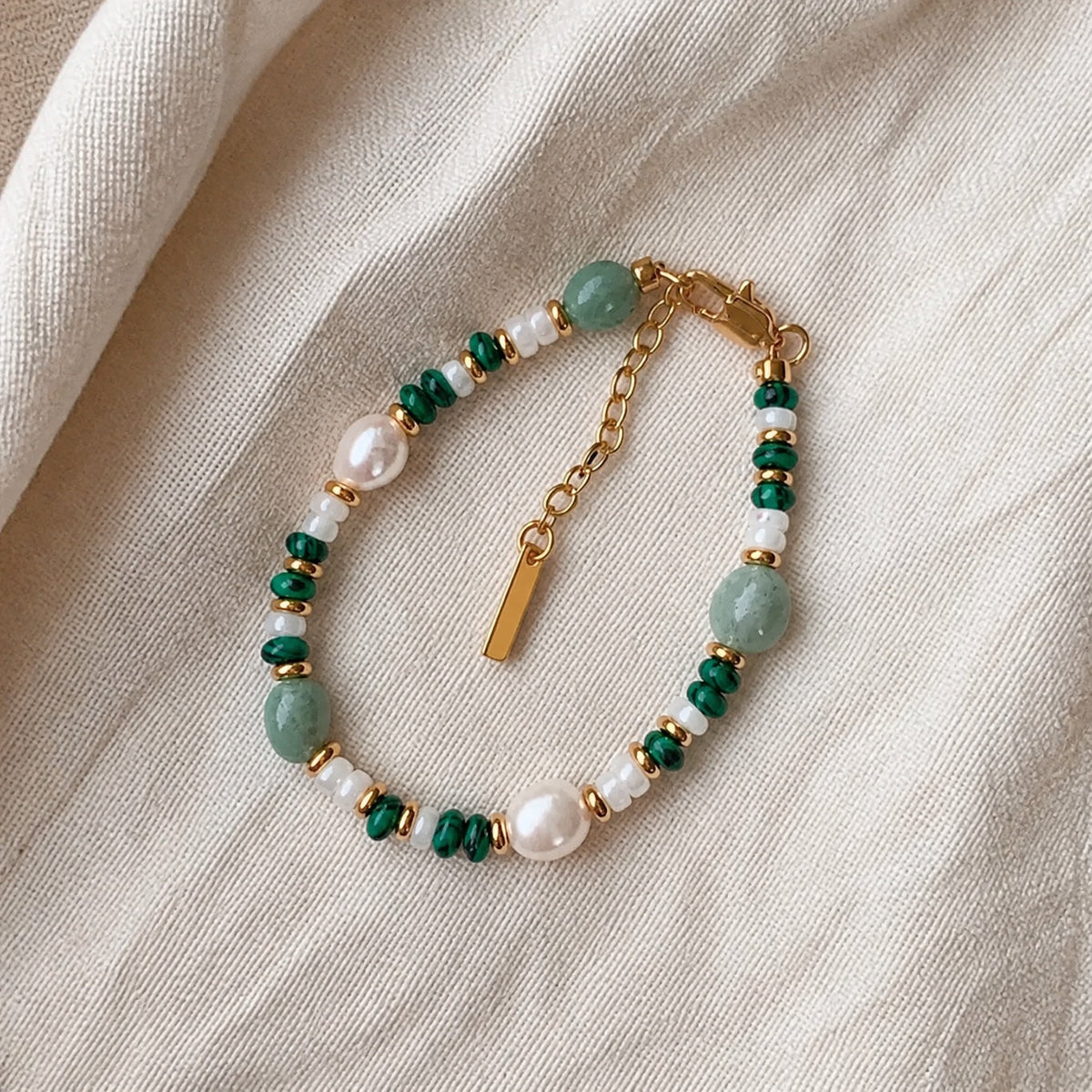 Jade and Pearl Beaded Bracelet with Gold-Tone Spacers — main image