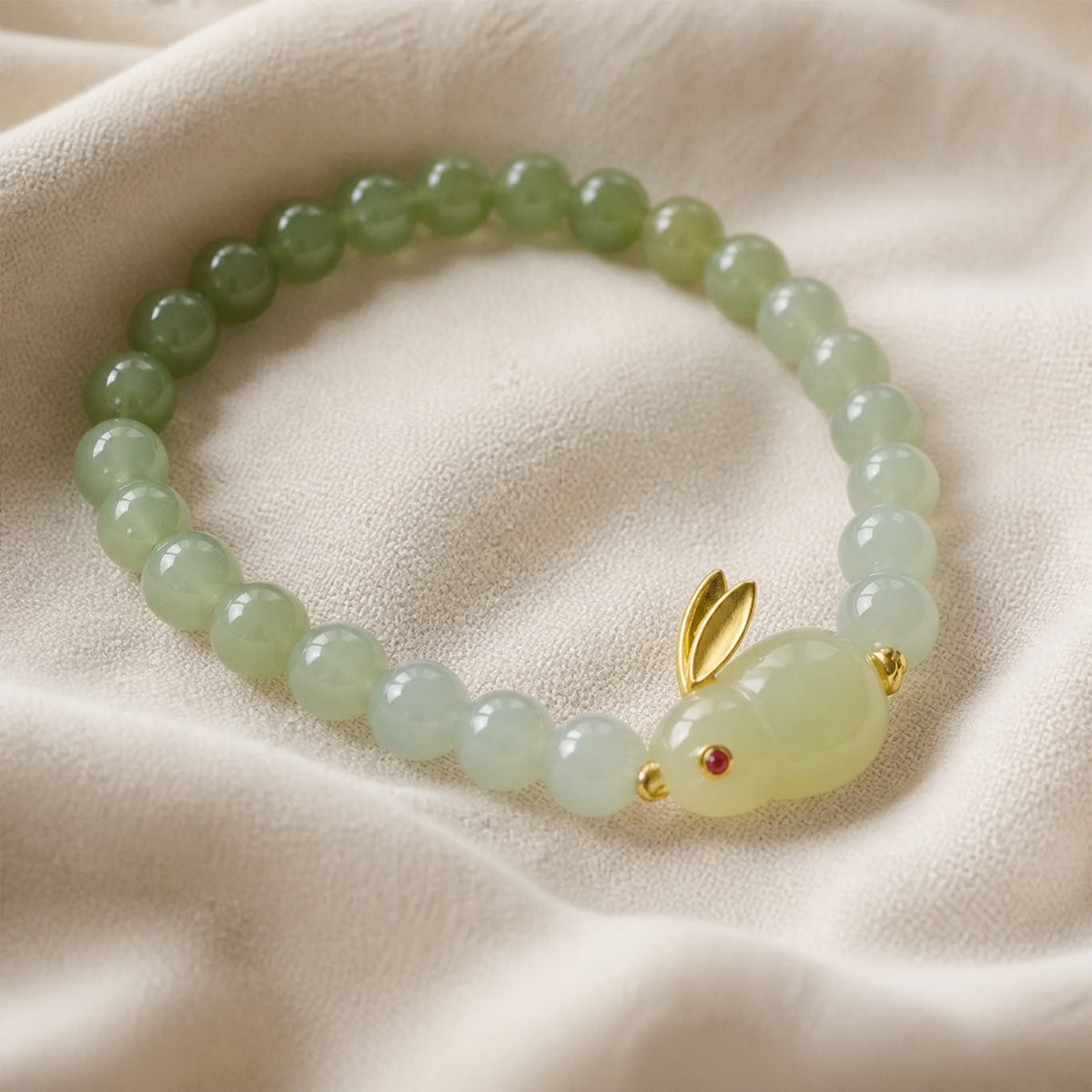 Jade Rabbit Charm Beaded Bracelet with Gold-Tone Accents — main image