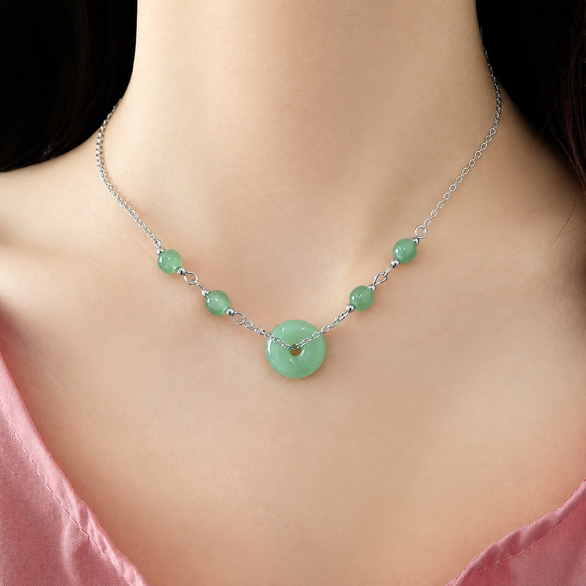 Jade Donut Pendant Necklace with Round Bead Accents — view 2