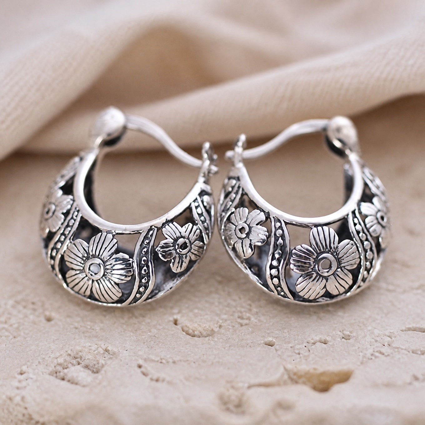 Floral Relief Hoop Earrings with Beaded Detail, Ancient Silver Finish