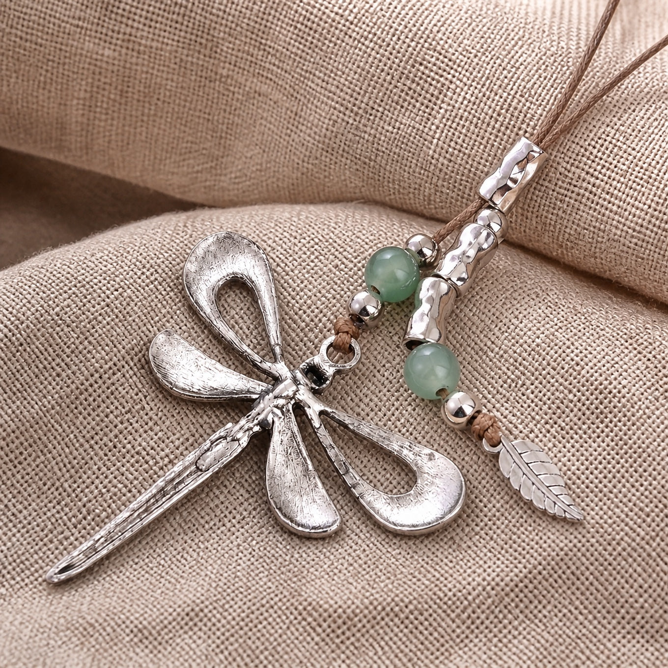 Dragonfly Green Glass Pendant Necklace with Leaf Charm