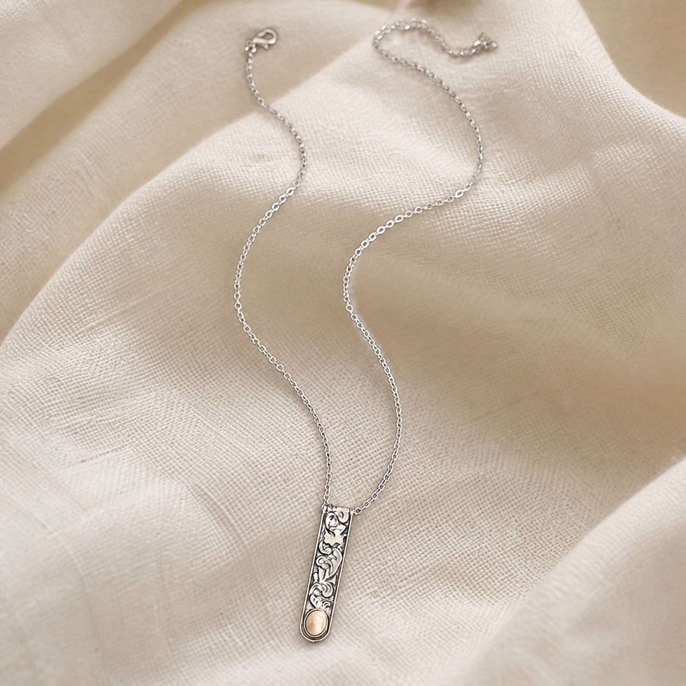 Vintage Filigree Bar Pendant Necklace with Cream Stone Inlay
