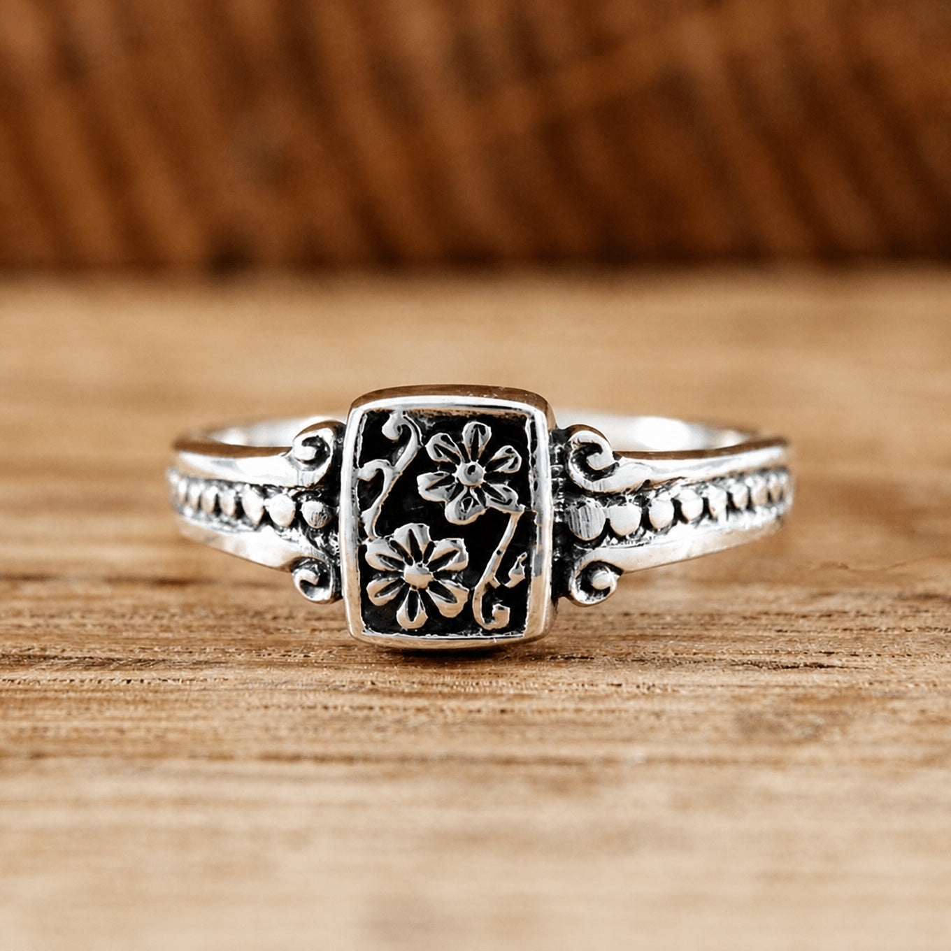 Silver-Tone Floral Filigree Ring with Scroll Detail