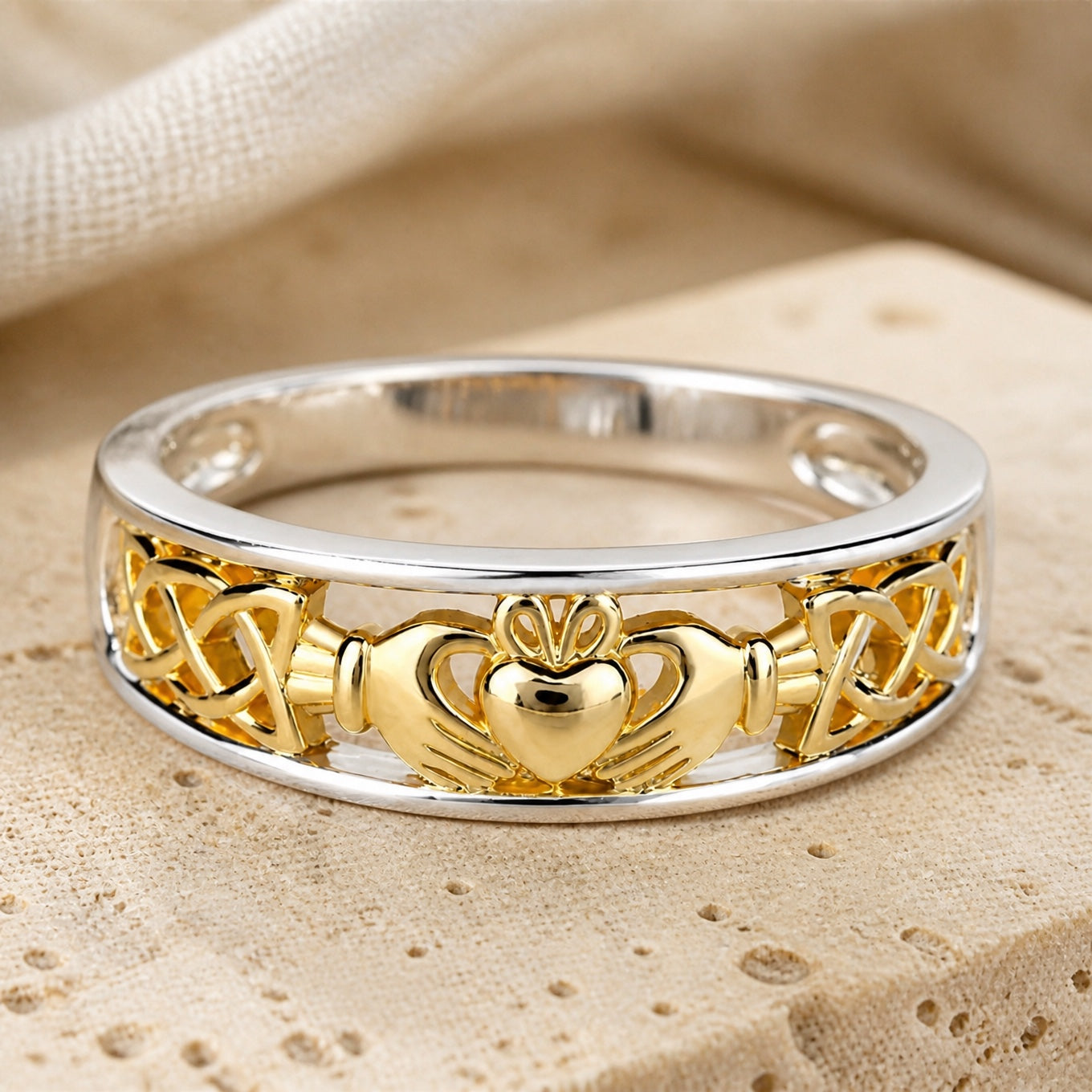 Claddagh Heart Ring with Celtic Knotwork in Silver and Gold Tone