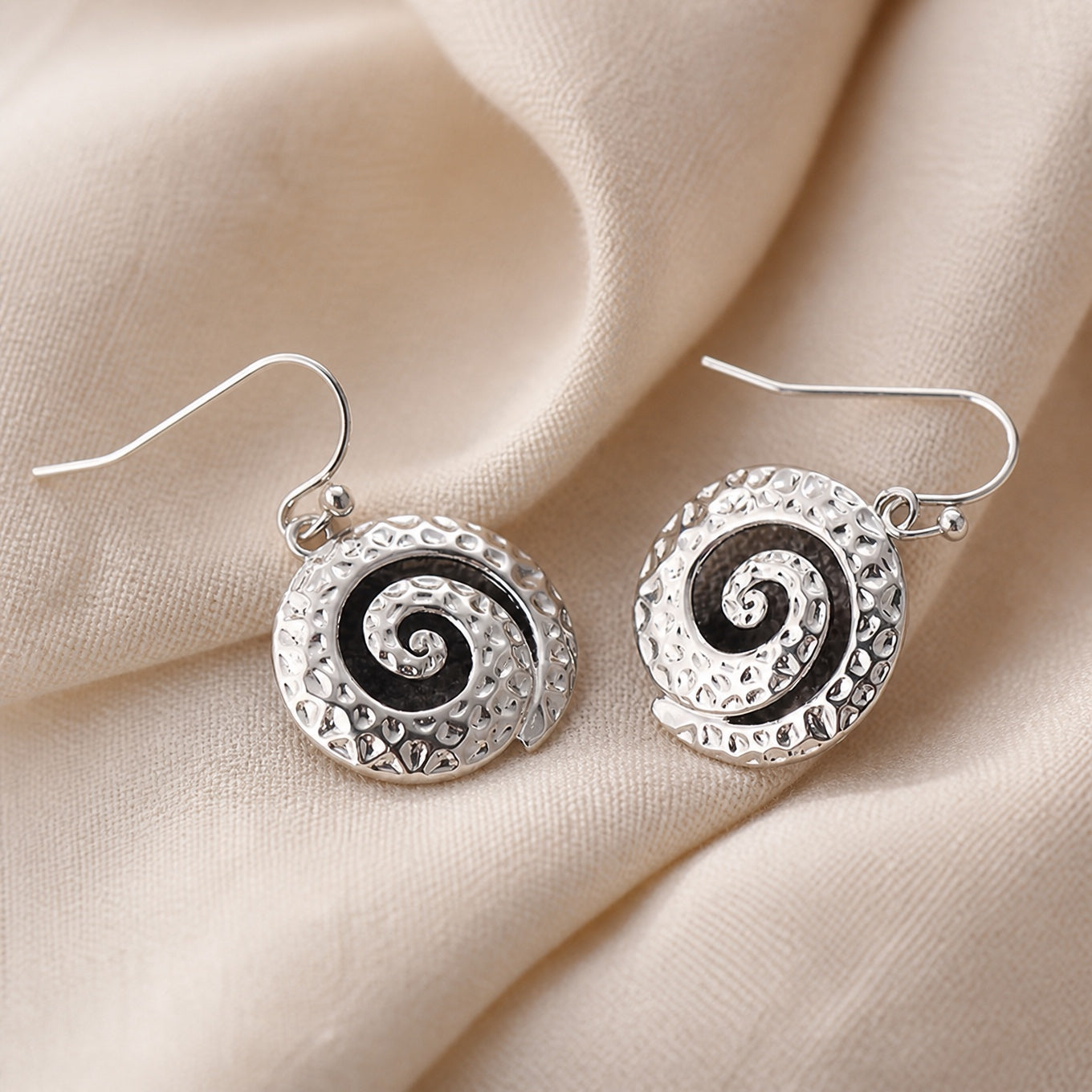 Spiral Pendant Drop Earrings with Hammered Silver-Tone Finish