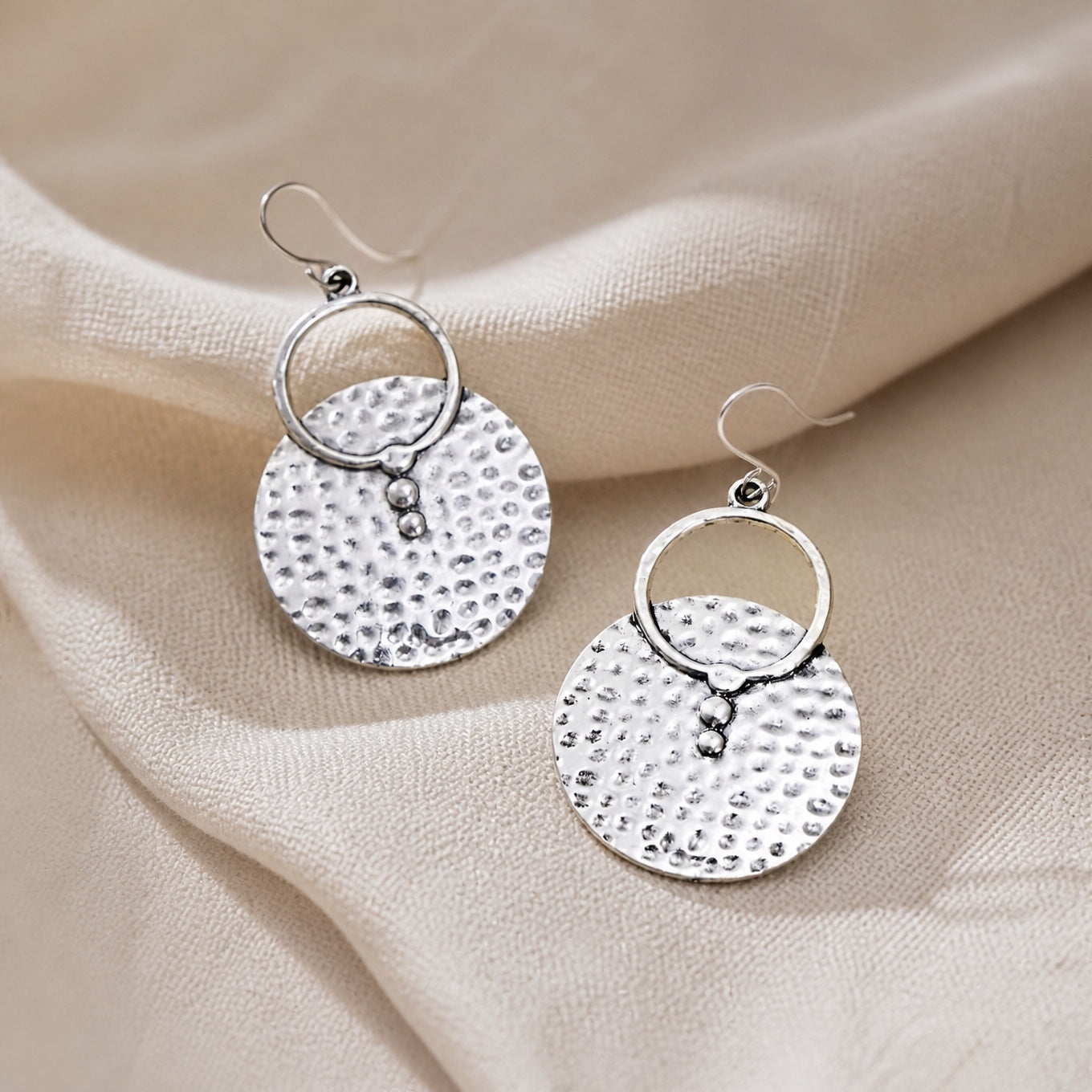 Hammered Disc Drop Earrings with Silver-Tone Ring & Bead Accent