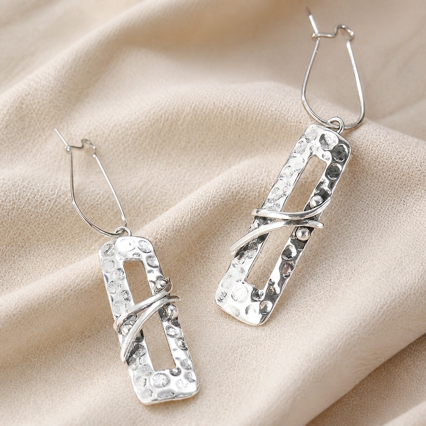 Elongated Rectangle Drop Earrings with Hammered Texture and Wire-Wrapped Detail