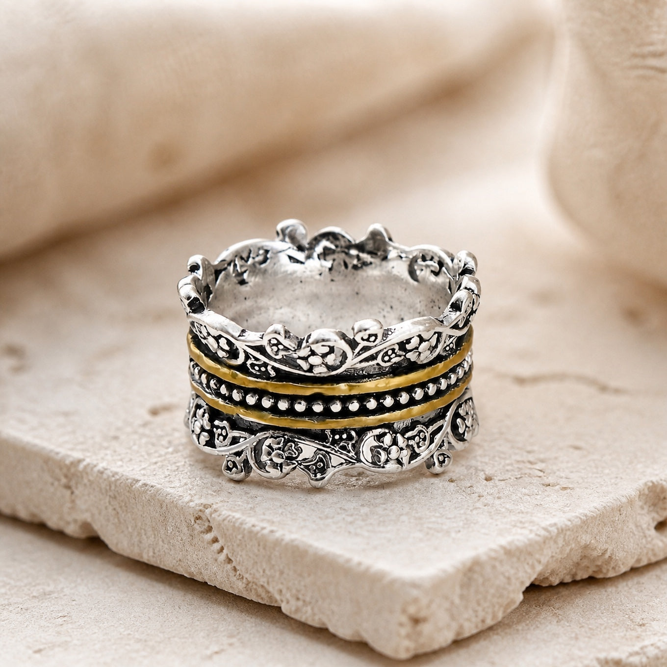 Floral Filigree Layered Statement Ring with Gold-Tone Accents